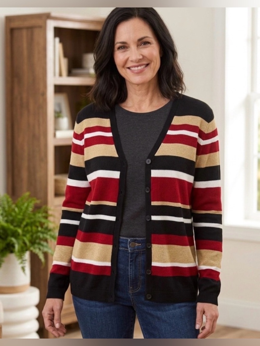 Alfred Dunner Black Top with Black, White, Maroon & Tan Striped Cardigan